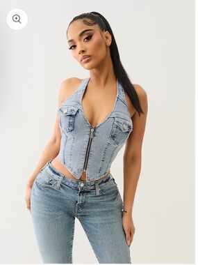 NWT True Religion ZIP FRONT HALTER DENIM TOP SZ XS